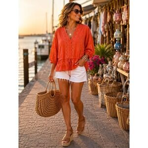 ASOS Coral Eyelet Embroidered Peplum Blouse Boho Cottagecore Tie Waist S-L